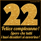 Un GIF animato per un 22° compleanno, Presenta il testo 'Buon Compleanno 22' su uno sfondo giallo vivo con palloncini colorati, festoni e una pioggia di coriandoli.