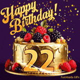 A delicious-looking animated birthday card for a 22nd birthday, decorated with raspberries, blackberries, and gold details, Stars sparkle and fall, with 'Happy Birthday!' text above.