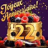 Une animation de célébration d'un gâteau de 22ème anniversaire, Des étoiles dorées tombent du ciel, mettant en valeur le texte 'Joyeux Anniversaire !' et le nombre doré 22 à l'avant du gâteau.