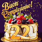 Un GIF animato di una bellissima torta per il 22° compleanno con glassa dorata e frutti di bosco freschi, Il numero dorato 22 è davanti, e stelle cadono su uno sfondo viola scuro.