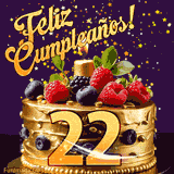 Una animación de celebración de una tarta para el 22º cumpleaños, Estrellas doradas caen del cielo, destacando el texto '¡Feliz Cumpleaños!' y el número dorado 22 en la tarta.