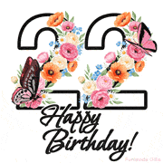 A floral 22nd birthday animated greeting card. The number '22' is surrounded by animated flowers and butterflies, creating a beautiful and cheerful way to celebrate the milestone.