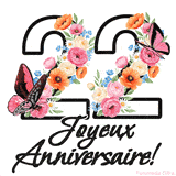 Ce GIF de Joyeux 22ème Anniversaire présente le nombre vingt rempli d'un bouquet vibrant de fleurs animées, avec des papillons qui bougent doucement sur un fond blanc.
