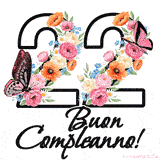 Questo GIF di Buon 22° Compleanno mostra il numero venti riempito con un vibrante bouquet di fiori animati, con farfalle che si muovono dolcemente su uno sfondo bianco.