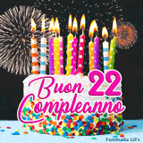 GIF 22 anni: animazione di una torta con panna, scritta rosa  Buon Compleanno  e spettacolari scintille luminose su sfondo scuro.