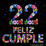 Sobre un fondo oscuro con destellos coloridos, se distingue el número 22 y el texto FELIZ CUMPLE armados con brillantes diamantes de colores.