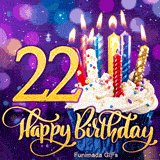 A frosted cupcake with burning candles next to a large gold number 22. Below is cursive Happy Birthday text against a sparkling purple bokeh.
