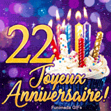 Carte animée d'anniversaire 22 ans avec le nombre 22 en or brillant et un gâteau de fête aux bougies scintillantes.