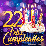Tarjeta animada de cumpleaños 22 años con el número 22 en oro y una tarta de fiesta con velas relucientes.