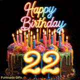 Spinning cake GIF for 22nd birthday featuring colorful drip frosting, burning candles, and glowing golden number 22.
