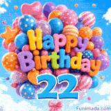 A large blue number 22 hangs from a cluster of animated balloons. The festive balloons spell Happy Birthday against a sunny blue sky.