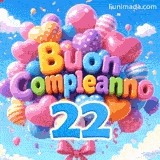 Il grande numero azzurro 22 pende sotto un insieme di palloncini animati. I palloncini festosi formano Buon Compleanno sullo sfondo di un cielo soleggiato.