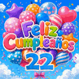Tarjeta animada de cumpleaños 22 años con el número 22 azul y un colorido ramillete de globos con confeti al viento.