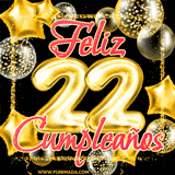 Animación de un GIF con el número 22 en dorado, rodeado de estrellas, burbujas brillantes y la frase 'Feliz cumpleaños' en letras modernas y festivas.