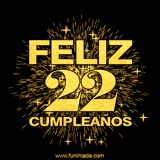 GIF animado con un diseño dorado, mostrando el número 22 rodeado de fuegos artificiales y luces que resaltan una atmósfera festiva y vibrante.