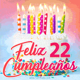 GIF animado con un pastel blanco decorado con confites y velas de colores encendidas, acompañado de la frase 'Feliz 22 cumpleaños' sobre un fondo alegre.