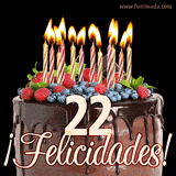 Animación de un pastel de chocolate decorado con frutas, velas encendidas y el número 22, acompañado de la palabra '¡Felicidades!' en elegante tipografía.
