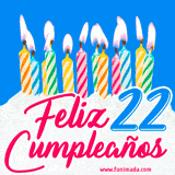 Animación de un pastel decorado con velas coloridas y encendidas, el número 22 destacado en azul y la frase 'Feliz cumpleaños' en letras estilizadas.