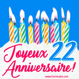 GIF animé joyeux anniversaire pour 22 ans avec des bougies colorées allumées, un fond bleu vif et le texte 'Joyeux Anniversaire 22!' en écriture élégante.