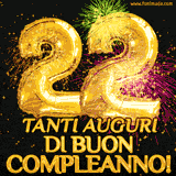 Palloncini dorati a forma del numero 22, accompagnati da scintille e fuochi d'artificio su sfondo nero, con il messaggio 'Tanti auguri di Buon Compleanno!'.