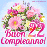 Bouquet animato con rose rosa, margherite e altri fiori colorati, con il numero 22 e la scritta 'Buon Compleanno!' in stile elegante e luminoso.