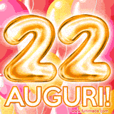 Bouquet animato di palloncini multicolori che emergono da una scatola regalo, con il numero 22 e la scritta 'Tanti Auguri!' su uno sfondo pieno di coriandoli.