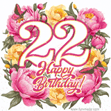A celebratory GIF image features the animated number '22' and the words 'Happy Birthday!' surrounded by pink and yellow flowers. Two moving butterflies are included in this festive design.