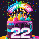 Chocolate cake with cyan layers, pink dressing and a big number 22 adorned with vibrant multicolored frosting, lit candles, and a rainbow topper with text that says 'Happy Birthday'. Animated colorful confetti move behind the cake.