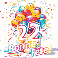 Des confettis animés, des ballons multicolores et un coffret cadeau dans un joyeux GIF de 22e anniversaire