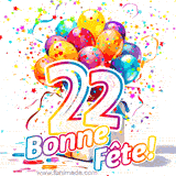 GIF pour un 22e anniversaire avec un grand chiffre 22, des ballons multicolores, des confettis et des rubans, accompagné du texte 'Bonne Fête!' sur un fond festif.