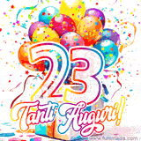 Animazione con palloncini colorati e scintillanti, accompagnata dal numero 23 in caratteri grandi e luminosi, e la scritta 'Tanti Auguri!' in stile vivace.