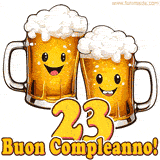 Due boccali di birra sorridenti animati, con il numero 23 e la scritta 'Buon Compleanno!' in caratteri allegri su uno sfondo bianco.
