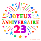 GIF animé joyeux anniversaire 23 ans avec étoiles multicolores et feu d’artifice