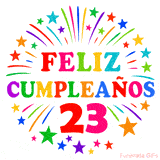 Imagen animada para felicitar los 23 años con letras de colores y diseño festivo.