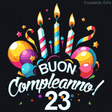 Augura buon compleanno ai 23 anni con questa GIF colorata e festosa: palloncini, stelle e candele per un augurio digitale indimenticabile