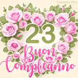 GIF per il 23° compleanno con un cuore di rose rosa e scritta elegante