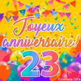 Une animation festive célébrant un 23ème anniversaire, Les mots 'Joyeux Anniversaire' et le nombre '23' sont dans une police colorée, entourés de ballons de fête et de confettis.