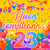 Un GIF animato per un 23° compleanno, Presenta il testo 'Buon Compleanno 23' su uno sfondo giallo vivo con palloncini colorati, festoni e una pioggia di coriandoli.
