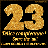 Un GIF animato per un 23° compleanno, Presenta il testo 'Buon Compleanno 23' su uno sfondo giallo vivo con palloncini colorati, festoni e una pioggia di coriandoli.