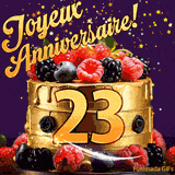 Une animation de célébration d'un gâteau de 23ème anniversaire, Des étoiles dorées tombent du ciel, mettant en valeur le texte 'Joyeux Anniversaire !' et le nombre doré 23 à l'avant du gâteau.