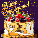 Un GIF animato di una bellissima torta per il 23° compleanno con glassa dorata e frutti di bosco freschi, Il numero dorato 23 è davanti, e stelle cadono su uno sfondo viola scuro.