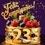 Una animación de celebración de una tarta para el 23º cumpleaños, Estrellas doradas caen del cielo, destacando el texto '¡Feliz Cumpleaños!' y el número dorado 23 en la tarta.