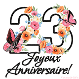 Ce GIF de Joyeux 23ème Anniversaire présente le nombre vingt rempli d'un bouquet vibrant de fleurs animées, avec des papillons qui bougent doucement sur un fond blanc.