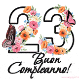 Questo GIF di Buon 23° Compleanno mostra il numero venti riempito con un vibrante bouquet di fiori animati, con farfalle che si muovono dolcemente su uno sfondo bianco.