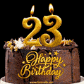 23 Birthday Chocolate Cake with Gold Glitter Number 23 Candles (GIF)