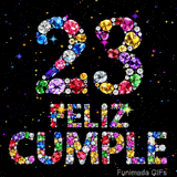 Imagen del número 23 junto a las palabras FELIZ CUMPLE. Ambos elementos están compuestos de joyas de variados colores sobre un fondo negro.