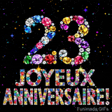 Le chiffre 23 et l'expression Joyeux Anniversaire dessinés par des pierres précieuses brillantes sur un fond noir avec de petites étoiles lumineuses.
