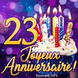 GIF 23 ans anniversaire présentant un petit gâteau aux bougies claires et le chiffre 23 doré sur fond de lumières.