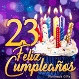 GIF de 23 cumpleaños presentando un dulce pastelito con velas encendidas y el número 23 dorado con destellos.