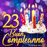 GIF 23 anni compleanno presentante un dolce cupcake con candeline accese e il numero 23 dorato con scintillii.